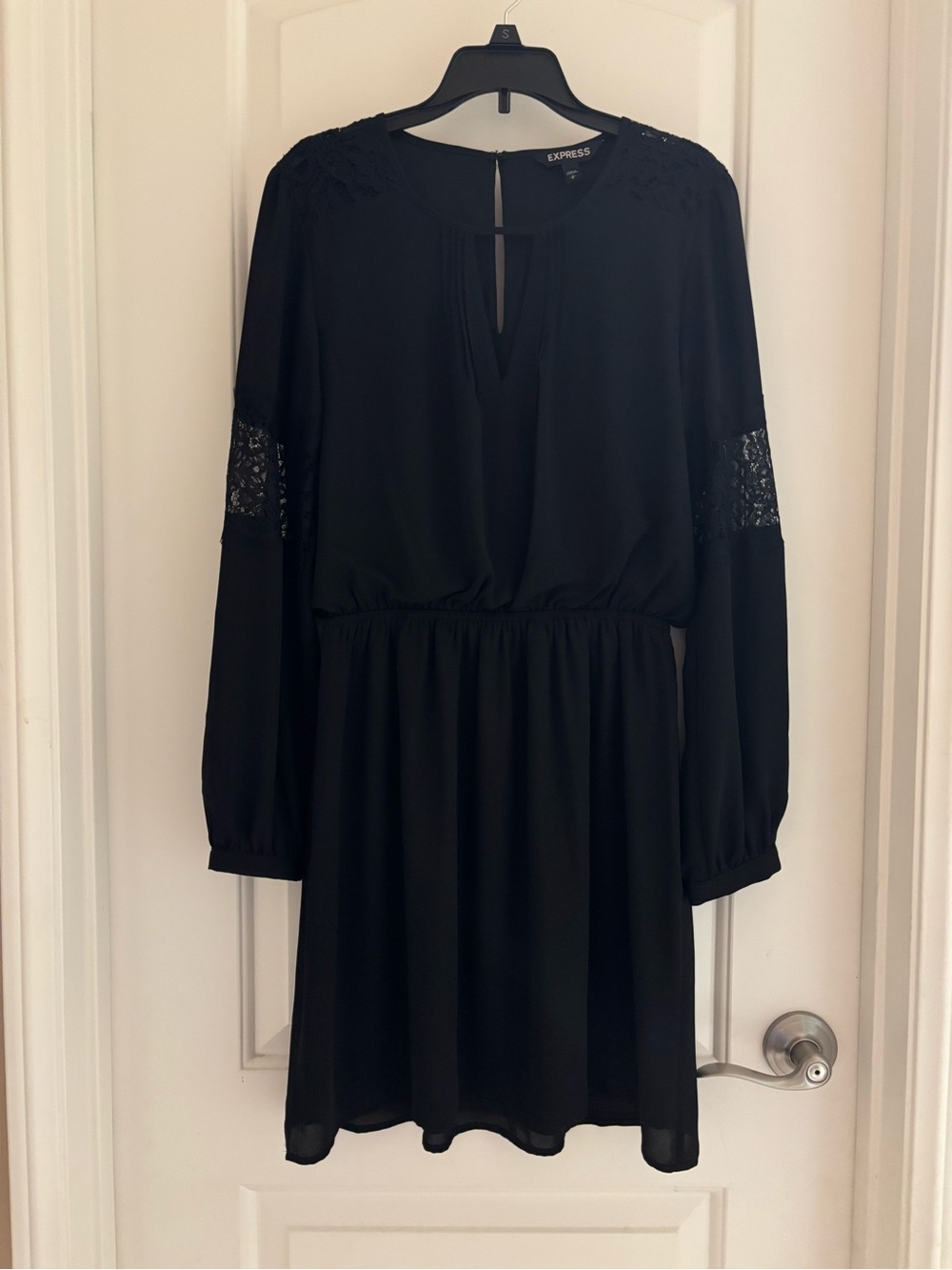 Express Black Long-Sleeve Lace Paneled Asymmetrical Dress